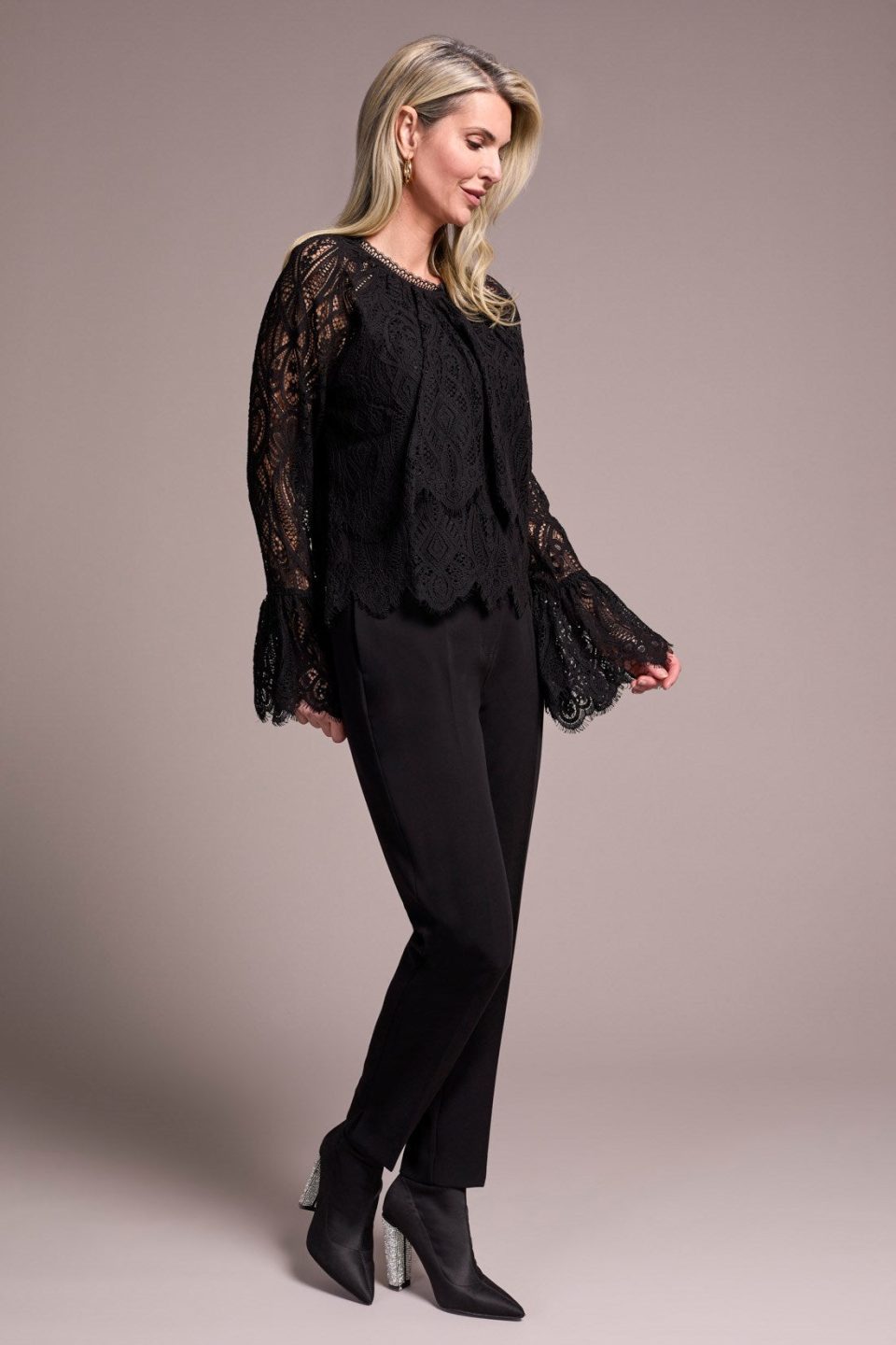 Lace Crew Newck Blouse With Lined Body-Black