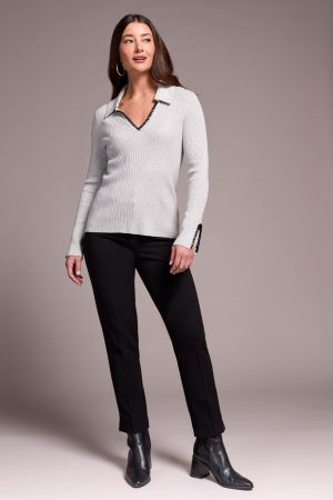 Top Stitch Johnny Collar Lightweight Sweater-Grey mix