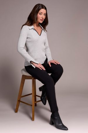 Top Stitch Johnny Collar Lightweight Sweater-Grey mix