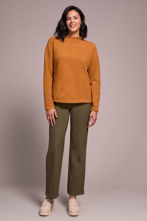 Lightweight Funnel Neck Dolman Sleeve Knit Top-Bran