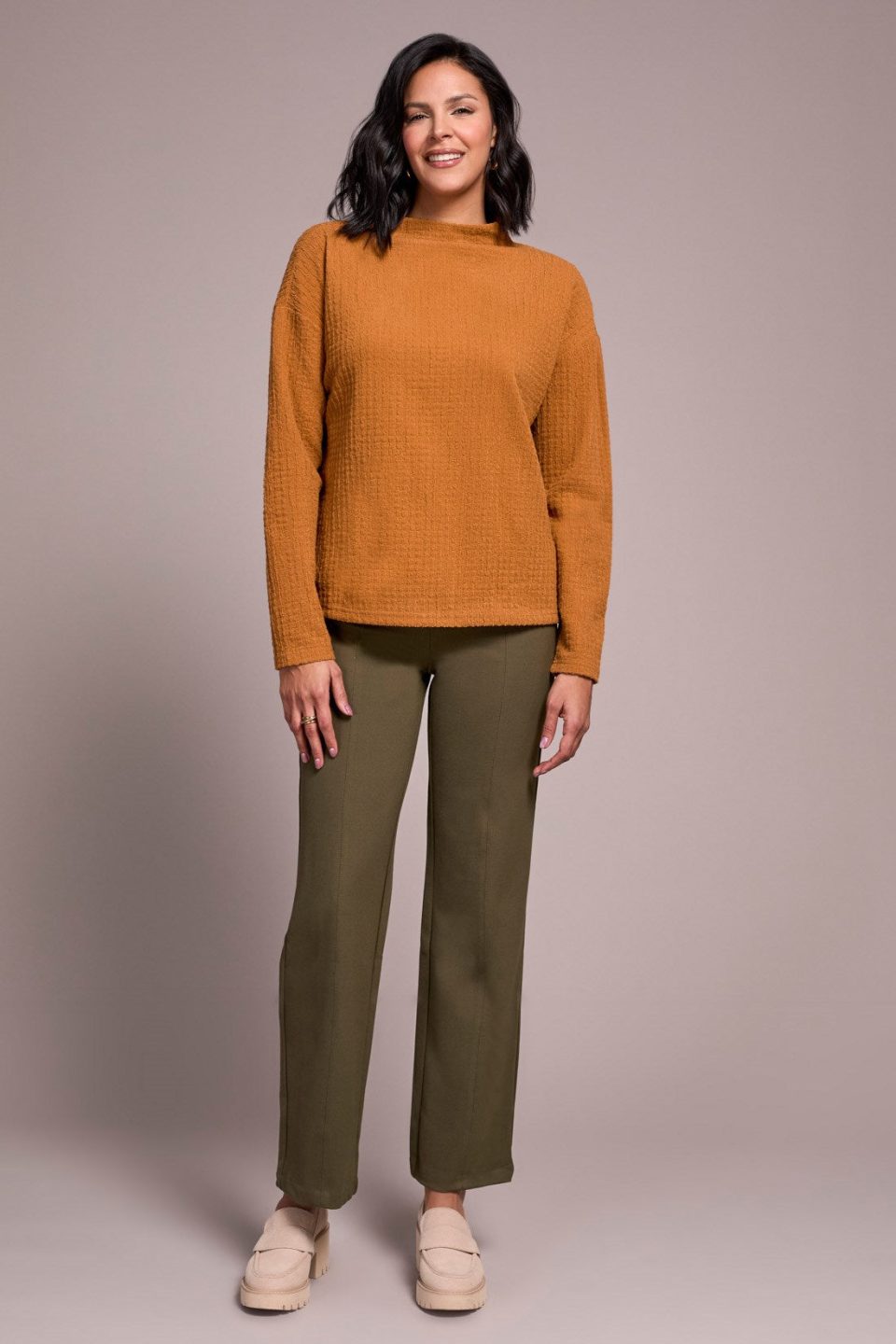 Lightweight Funnel Neck Dolman Sleeve Knit Top-Bran