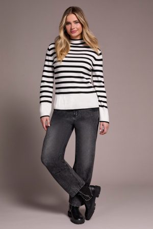 Lightweight Mock Neck Striped Sweater-Cream