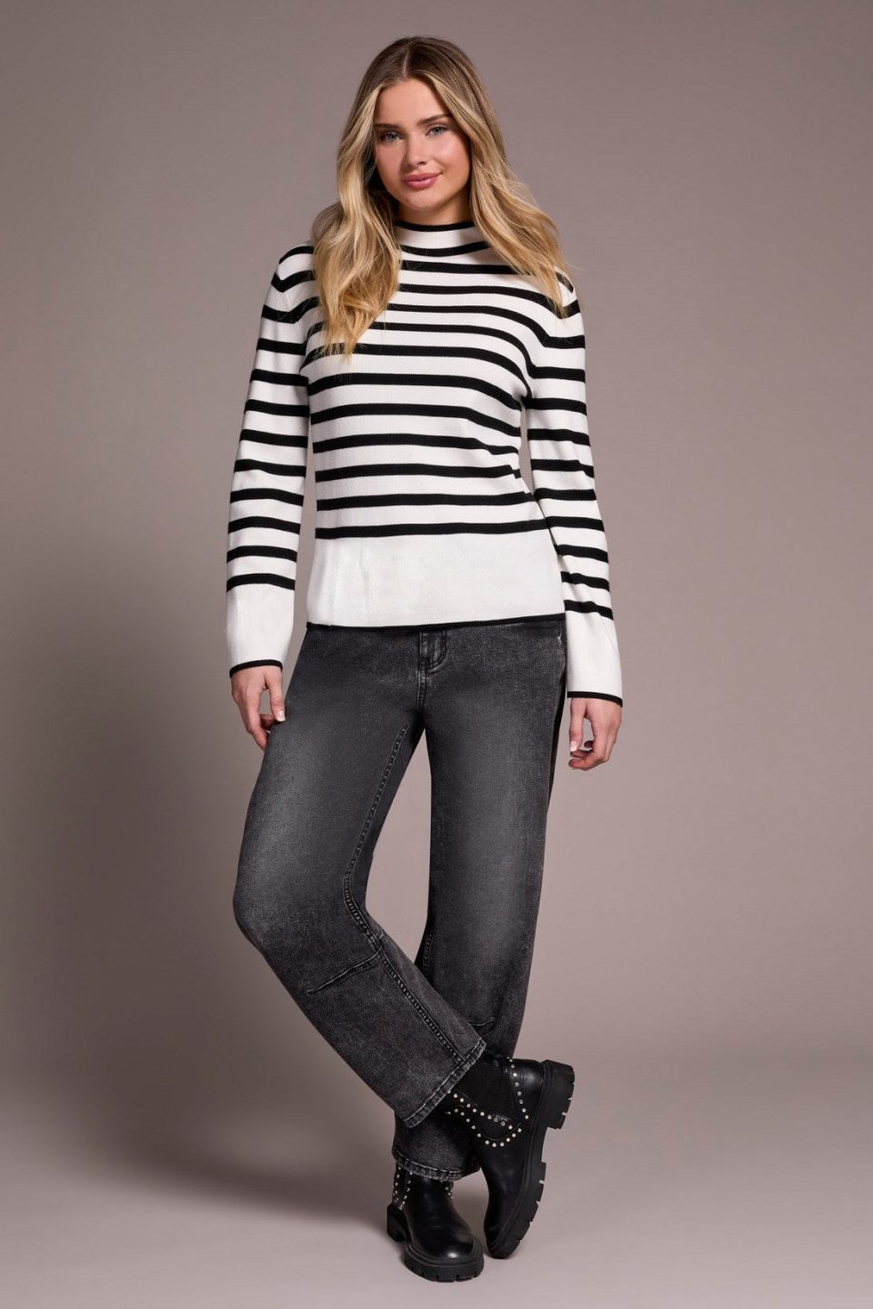 Lightweight Mock Neck Striped Sweater-Cream
