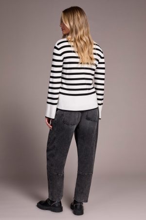 Lightweight Mock Neck Striped Sweater-Cream