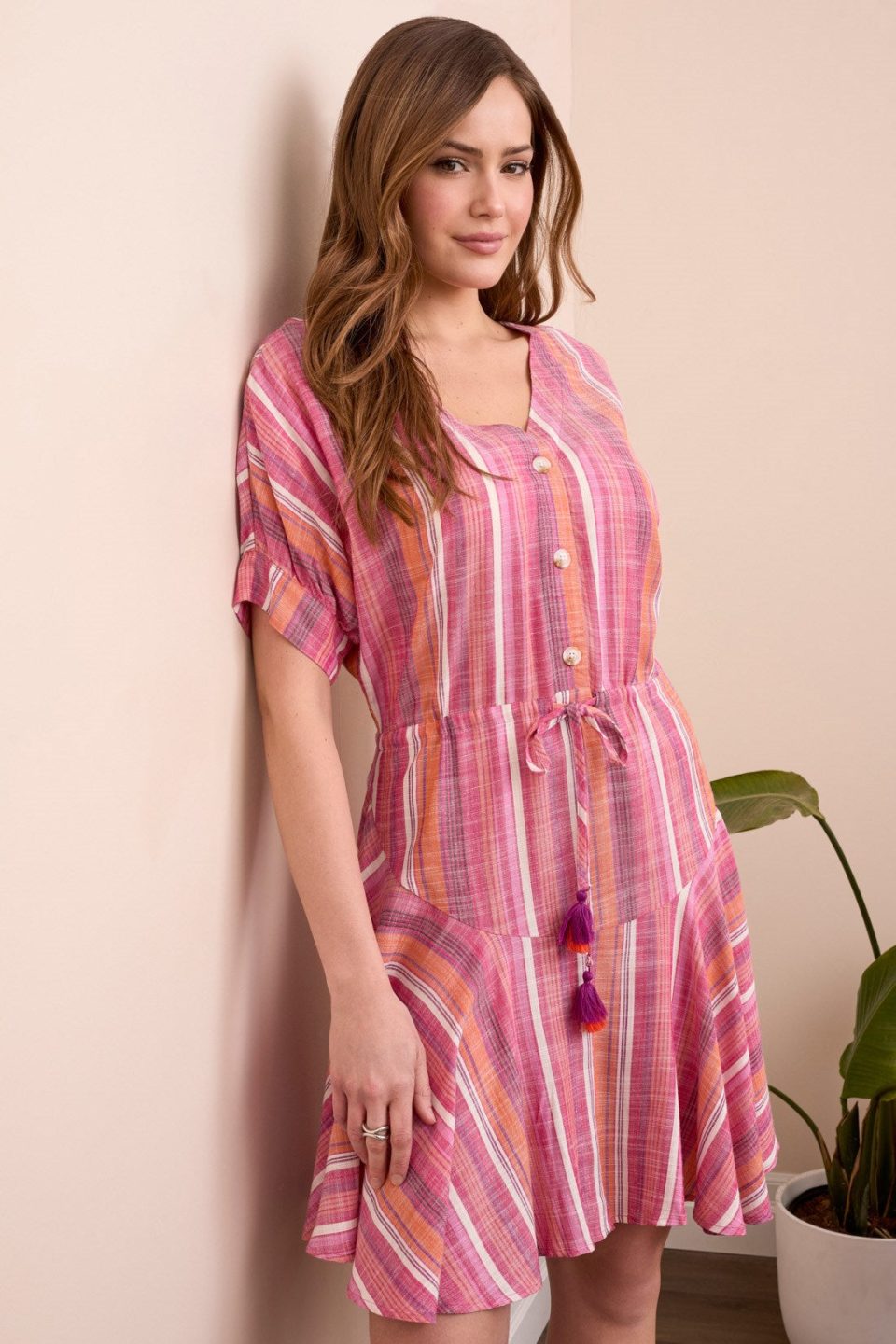 Lightweight Short Sleeve Flowy Dress With Waist Tie-Veryberry