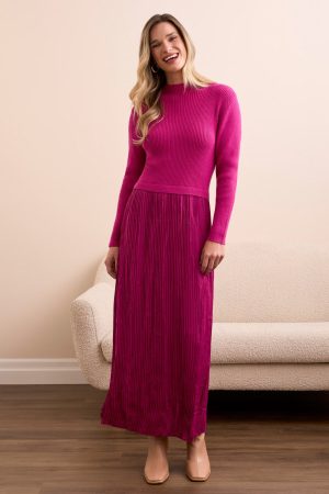 Lined Long-Sleeve Twofer Maxi Dress-Pink flambe