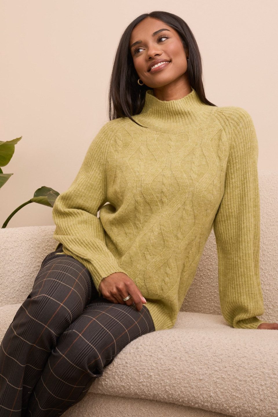 Long Puff Sleeve Mock Neck Sweater-Leek