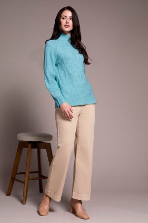 Long Puff Sleeve Mock Neck Sweater-Mistblue