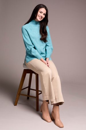 Long Puff Sleeve Mock Neck Sweater-Mistblue