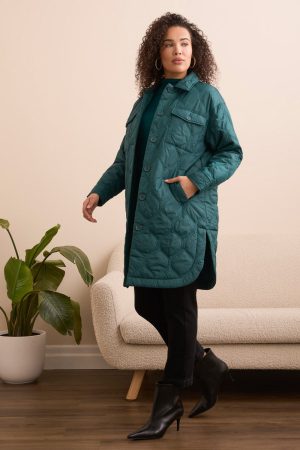 Long Quilted Button-Up Jacket With Pockets-Opalgreen