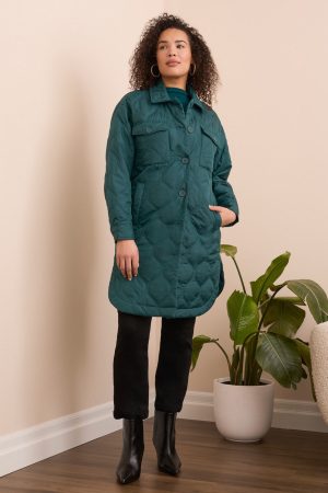 Long Quilted Button-Up Jacket With Pockets-Opalgreen