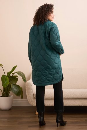 Long Quilted Button-Up Jacket With Pockets-Opalgreen