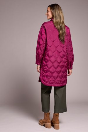 Long Quilted Button-Up Jacket With Pockets-Plumwine