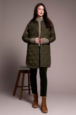 Long Quilted Button-Up Jacket With Pockets-Spruce