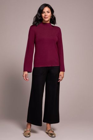 Long Sleeve Funnel Neck Sweater-Wine