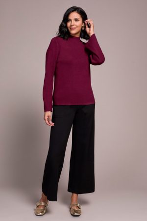Long Sleeve Funnel Neck Sweater-Wine