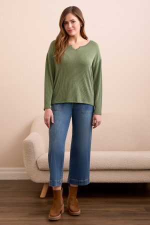 Long-Sleeve Notch Collar Top-Chive