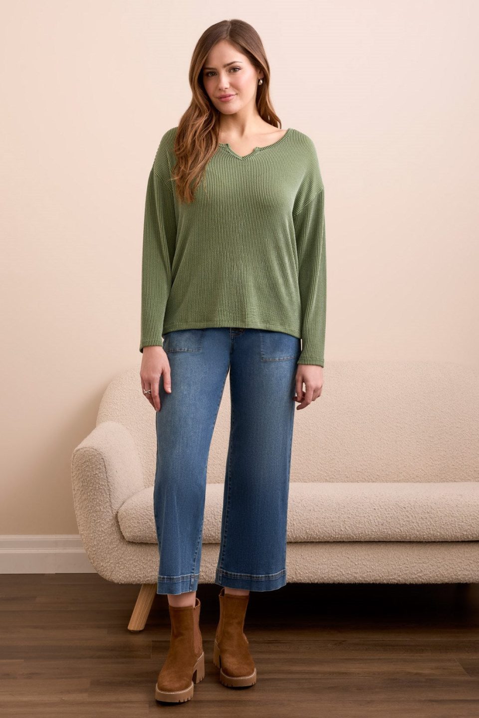 Long-Sleeve Notch Collar Top-Chive