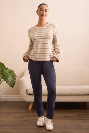 Long Sleeve Stripe Crew Neck Brush Knit Top-Icelatte