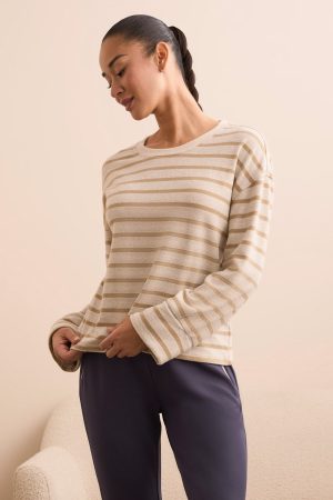 Long Sleeve Stripe Crew Neck Brush Knit Top-Icelatte