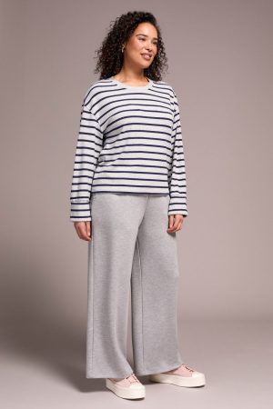 Long Sleeve Stripe Crew Neck Brush Knit Top-Sapphire
