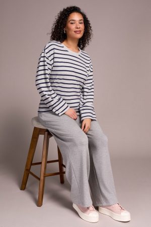 Long Sleeve Stripe Crew Neck Brush Knit Top-Sapphire