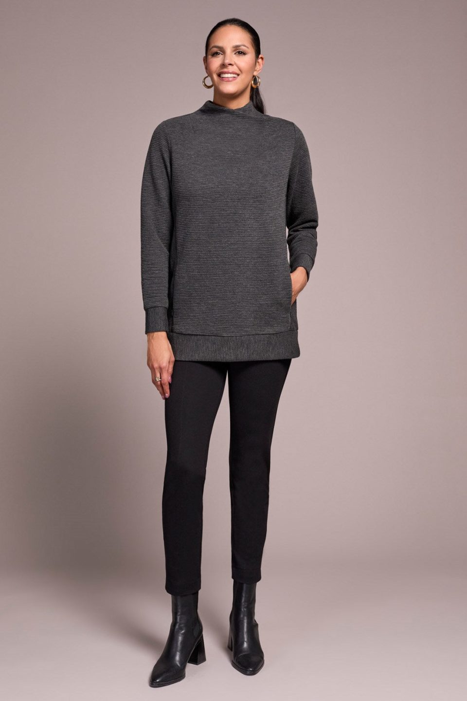 Long-Sleeve Tunic With Invisible Pockets-Charcoal