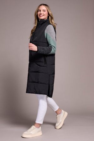 Longline Zip-Front Quilted Vest-Black