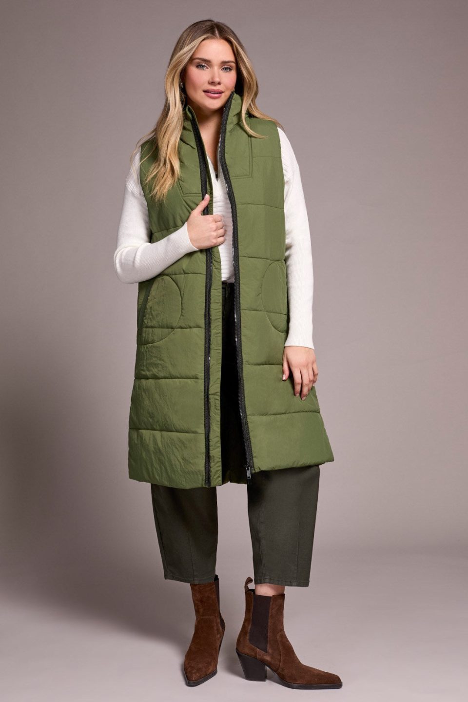 Longline Zip-Front Quilted Vest-Chive