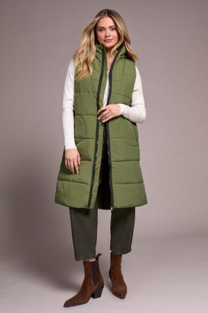 Longline Zip-Front Quilted Vest-Chive