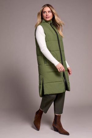 Longline Zip-Front Quilted Vest-Chive