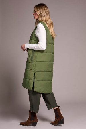Longline Zip-Front Quilted Vest-Chive
