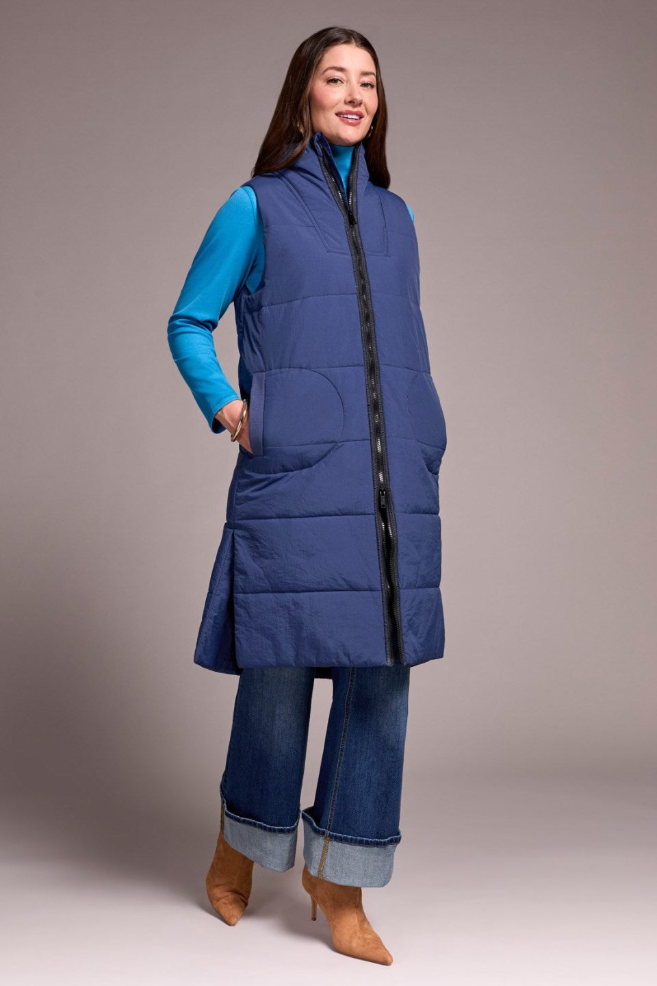 Longline Zip-Front Quilted Vest-Marine