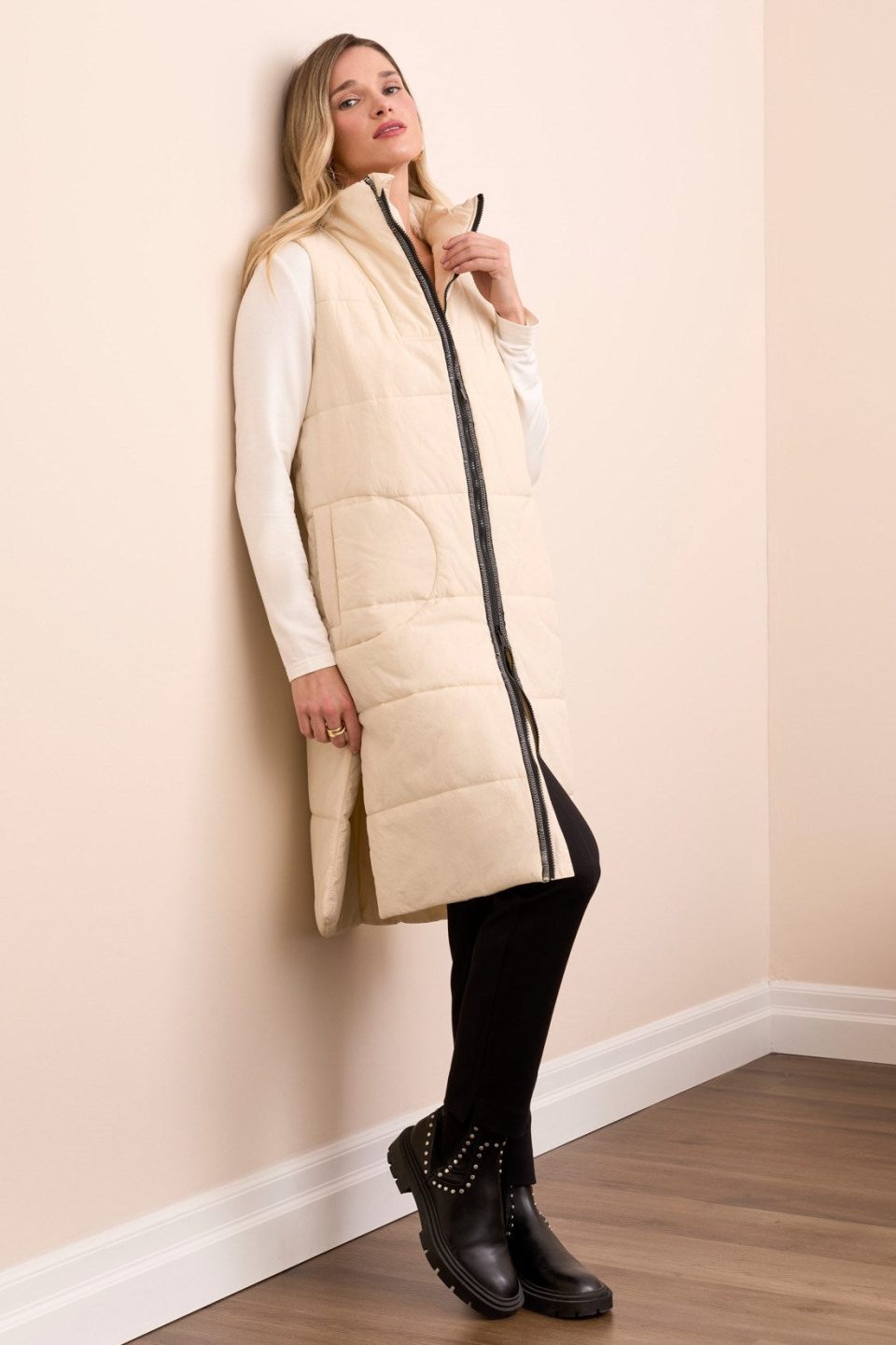 Longline Zip-Front Quilted Vest-Moonstone