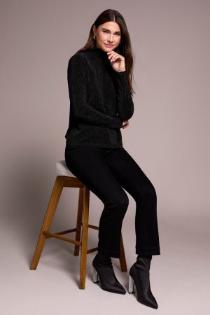 Lurex Long-Sleeve Mock Neck Knit Top-Black
