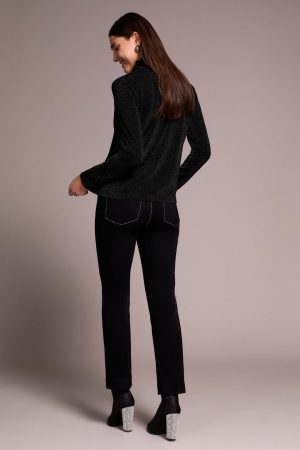 Lurex Long-Sleeve Mock Neck Knit Top-Black