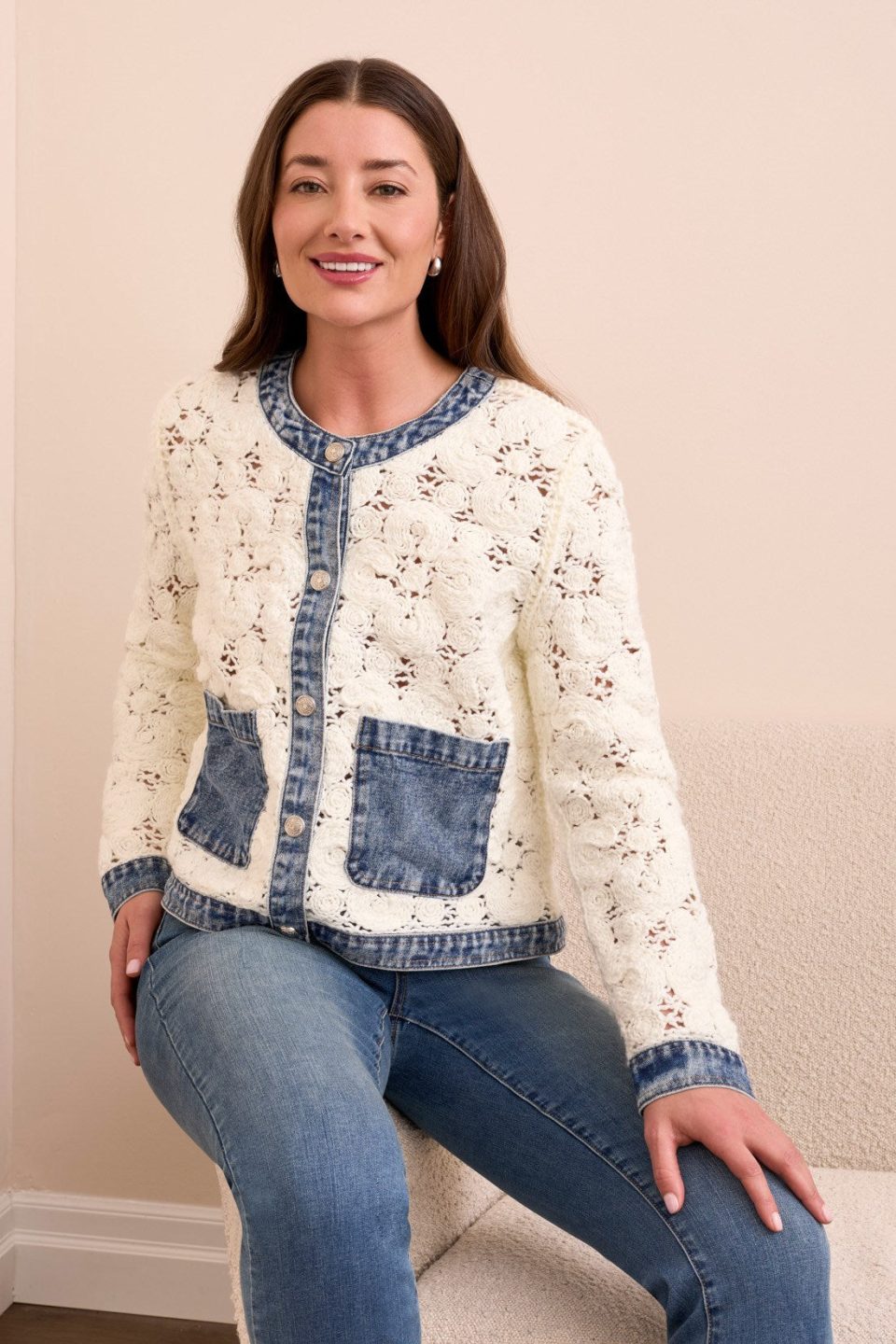 Mixed Media Crochet Jacket With Denim Detail-Eggshell