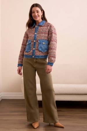 Mixed Media Plaid Jacket With Denim Inserts-Plumwine