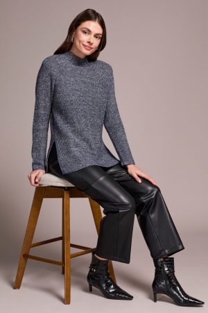 Mock Neck Heathered Knit Sweater With Side Slits-H nightfall