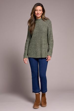 Mock Neck Heathered Knit Sweater With Side Slits-H spruce