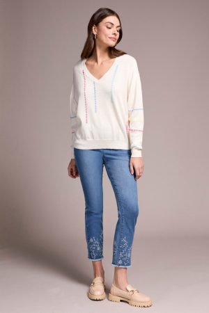 Multi-Colored Top Stitching V-Neck Sweater-Eggshell