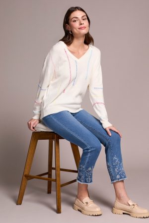 Multi-Colored Top Stitching V-Neck Sweater-Eggshell