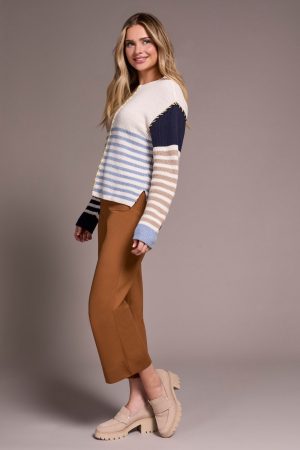 Multi Stripe Textured Boat Neck Sweater-Sandstone