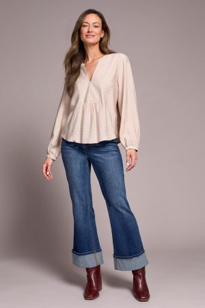 Notched Neck Blouse With Front Placket Detail-Sandstone