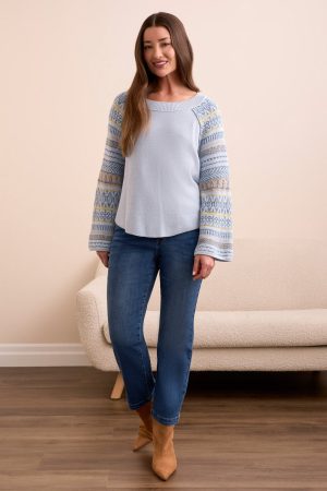 Novelty Mixed Scoop Neck Sweater-Chambray