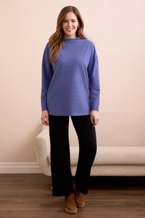 Ottoman Knit Drop Shoulder Cowl Neck Tunic-H dk blueviolet