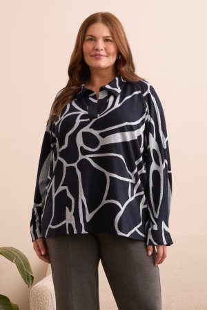 Super Soft Johnny Collar Top With Side Slits-Grey mix