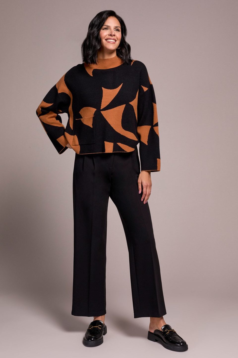 Oversized Mock Neck Abstract Print Sweater-Bran