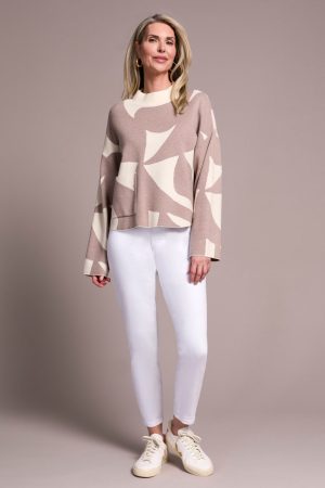 Oversized Mock Neck Abstract Print Sweater-H sandstone