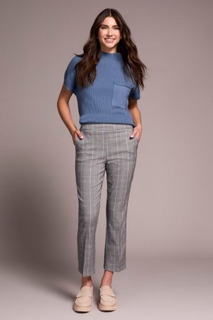Plaid Bengaline Stretch Pull-On Kickflare Pants-Mistblue